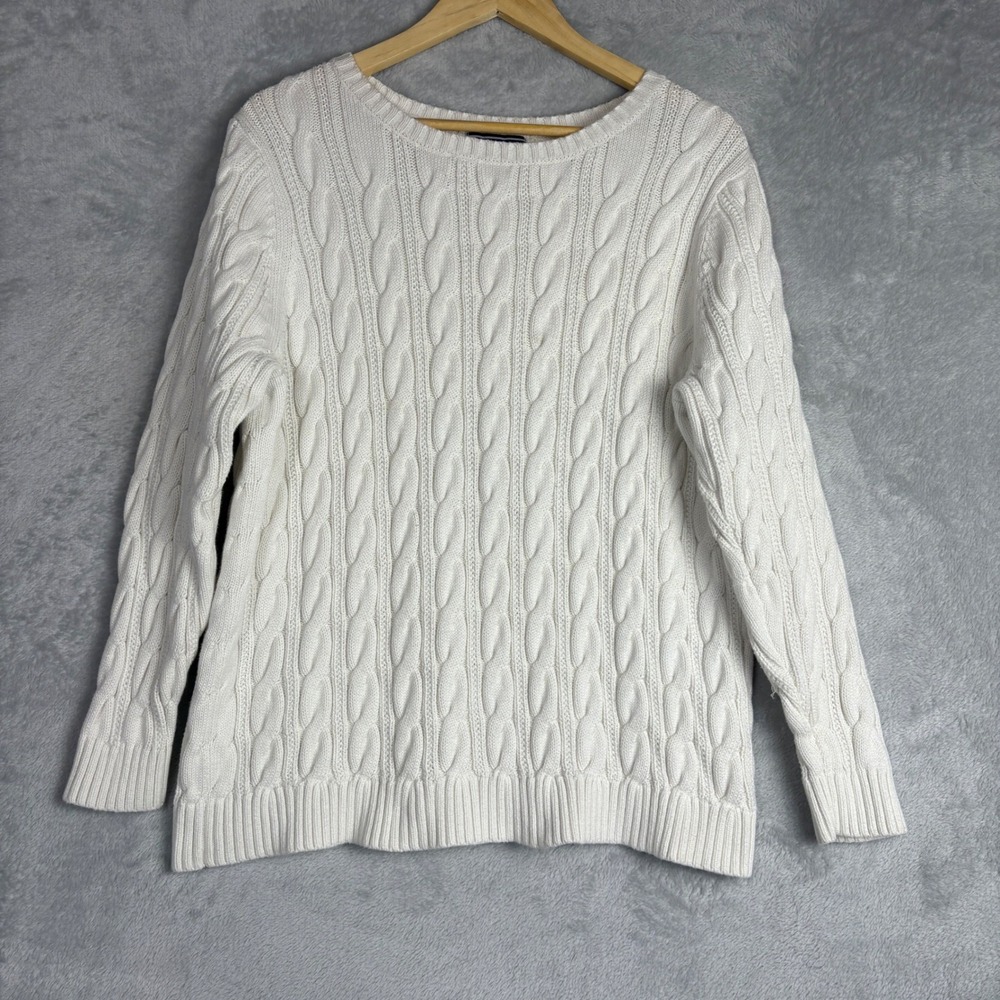 Lands‎ End Sweater 1X Cream Cotton Cable Knit Crew Neck Cottagecore Women's